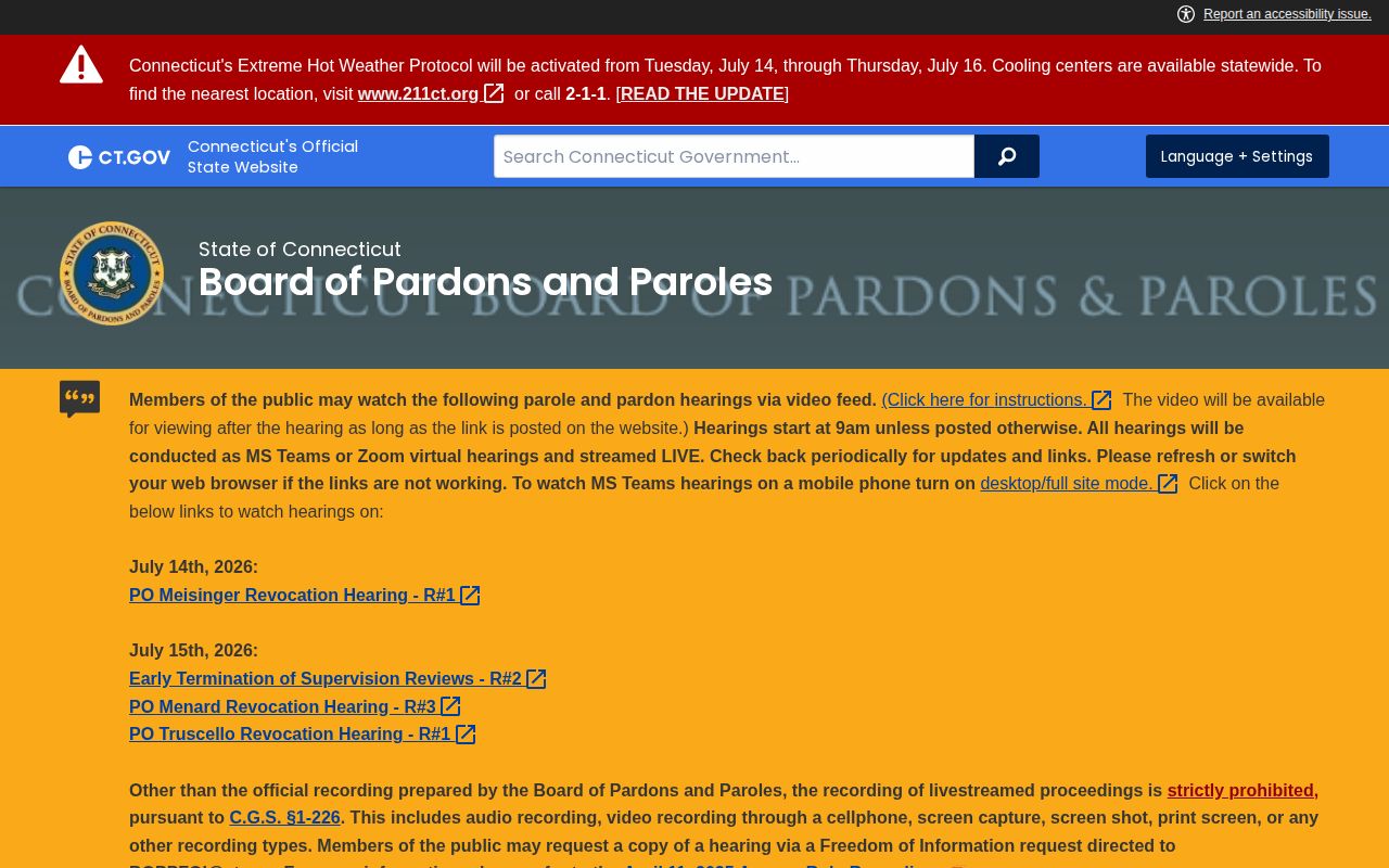 Norwalk parole release hearing records on the Connecticut Board page