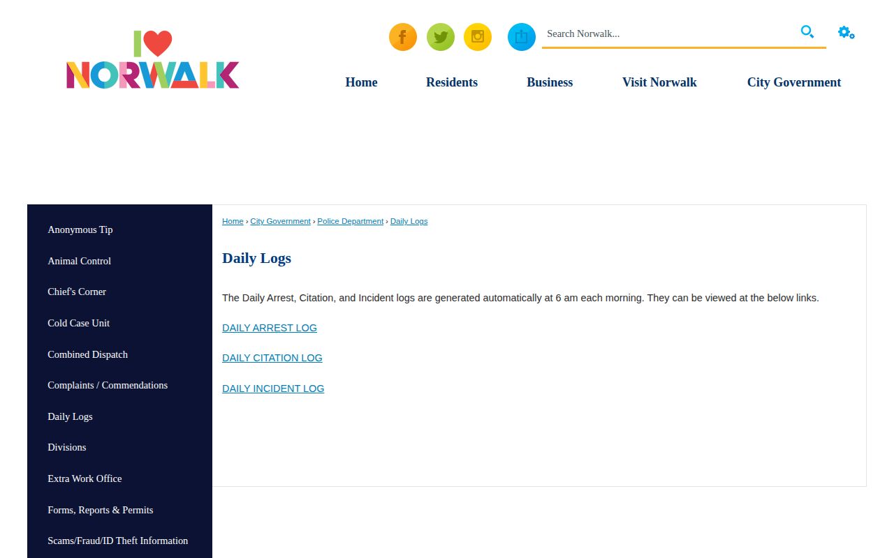 Norwalk release mugshot research starting at the Police Daily Logs page